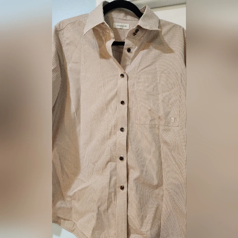 Women's Lafayette 148 Brown/Tan Striped Button Down Shirt, size M - Picture 5 of 10